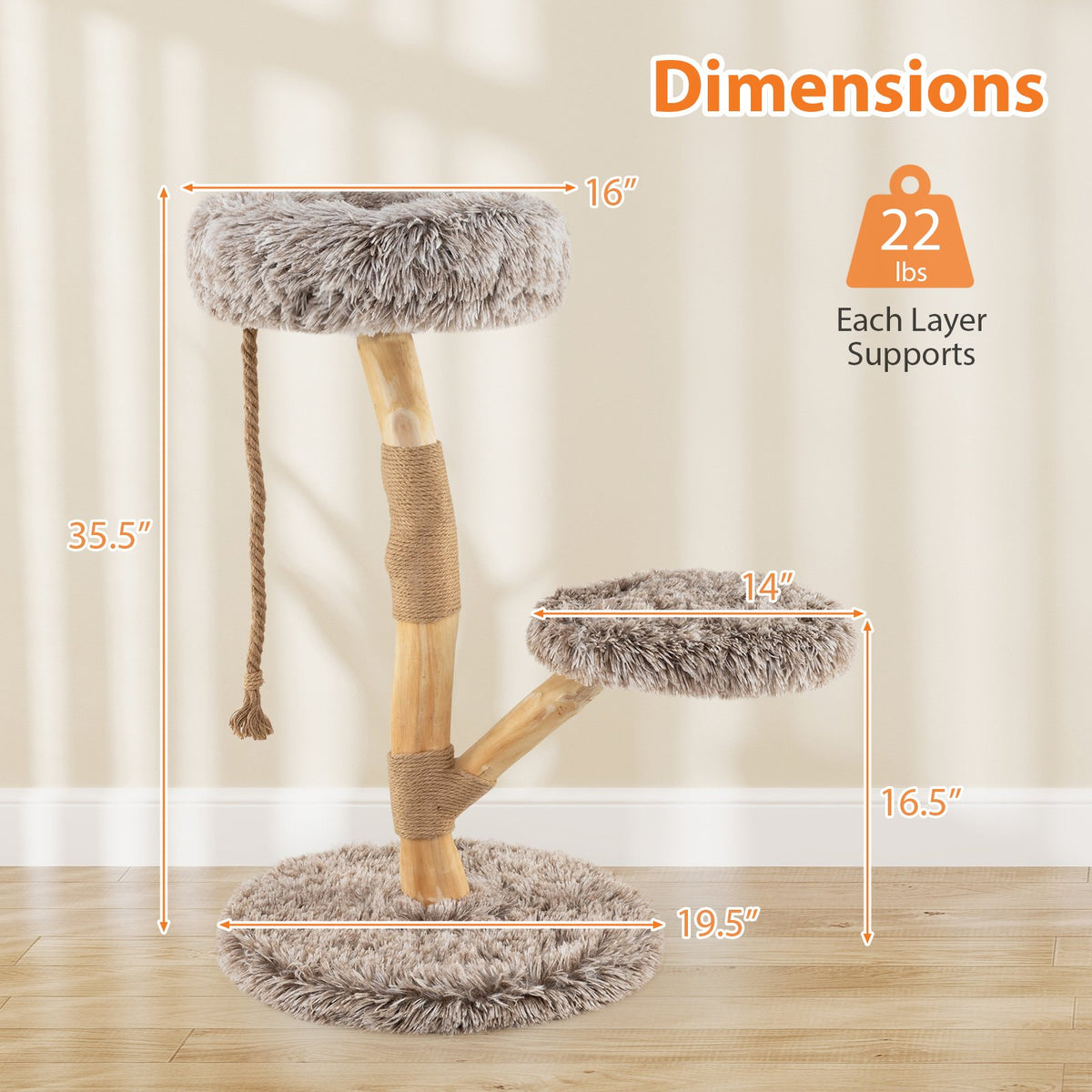 Modern Wooden Cat Tree Tower with Perch and Natural Jute Scratching Posts-Brown view 5