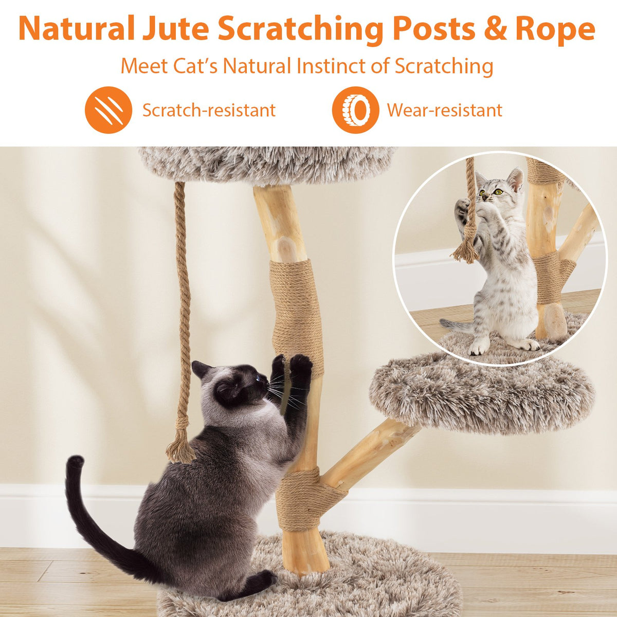 Modern Wooden Cat Tree Tower with Perch and Natural Jute Scratching Posts-Brown view 8