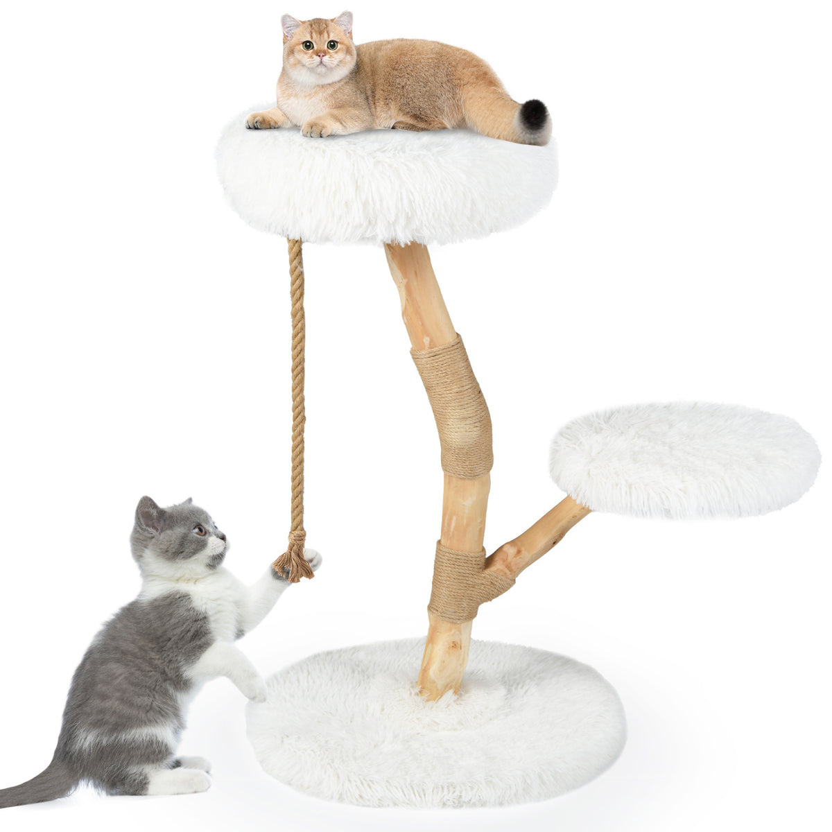 Modern Wooden Cat Tree Tower with Perch and Natural Jute Scratching Posts-White