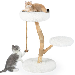 Modern Wooden Cat Tree Tower with Perch and Natural Jute Scratching Posts-White