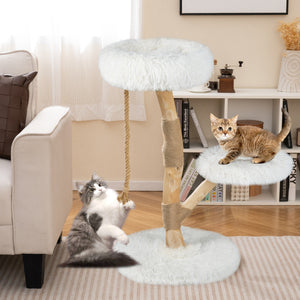 Modern Wooden Cat Tree Tower with Perch and Natural Jute Scratching Posts-White view 2