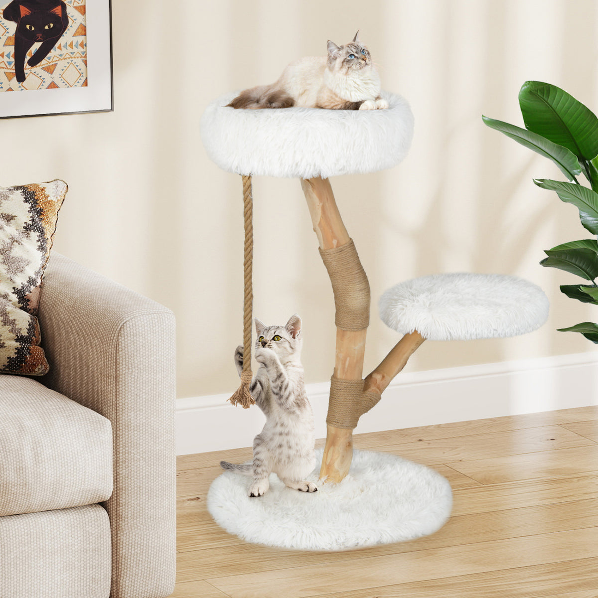 Modern Wooden Cat Tree Tower with Perch and Natural Jute Scratching Posts-White view 3