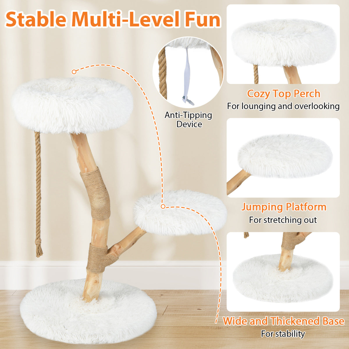 Modern Wooden Cat Tree Tower with Perch and Natural Jute Scratching Posts-White view 7