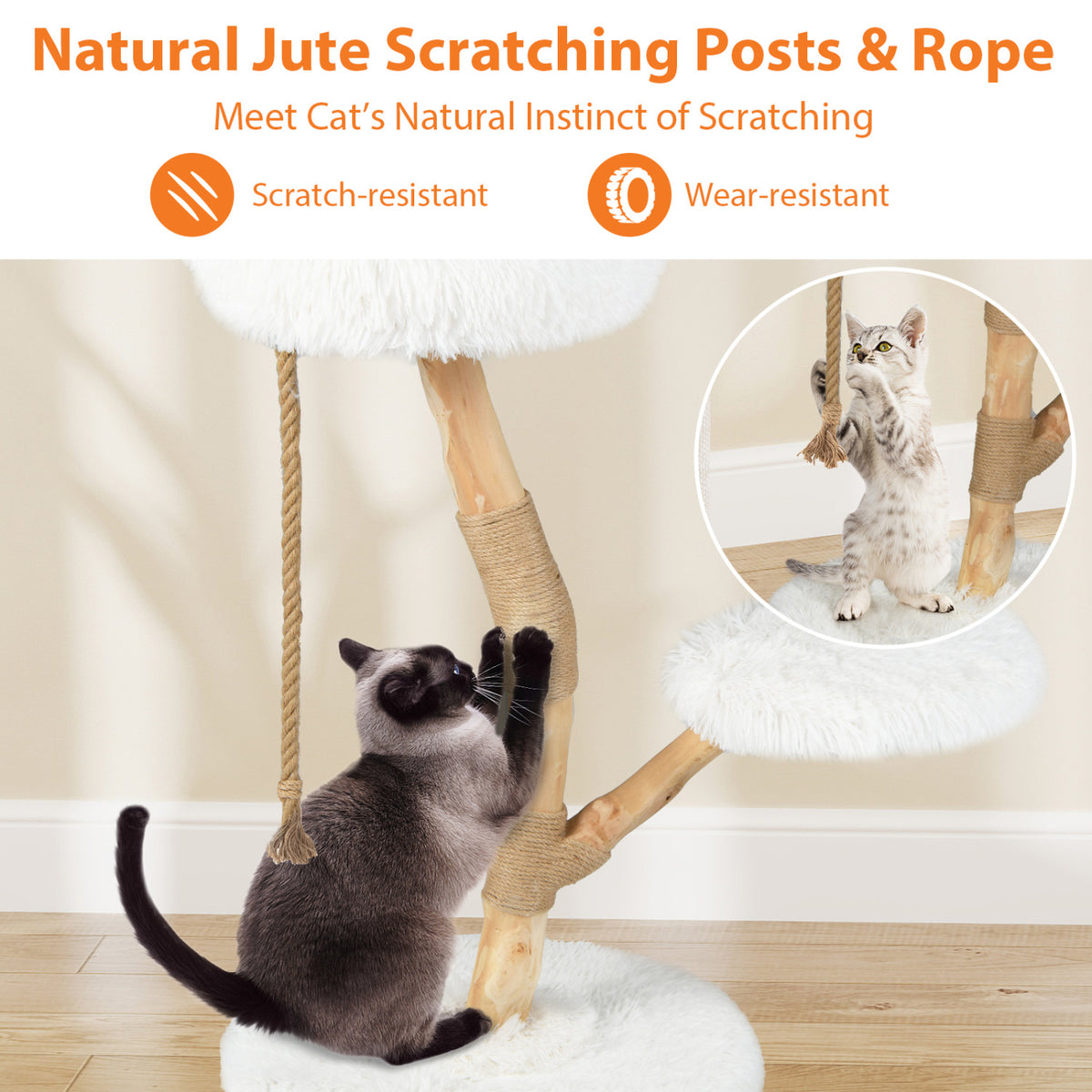 Modern Wooden Cat Tree Tower with Perch and Natural Jute Scratching Posts-White view 8