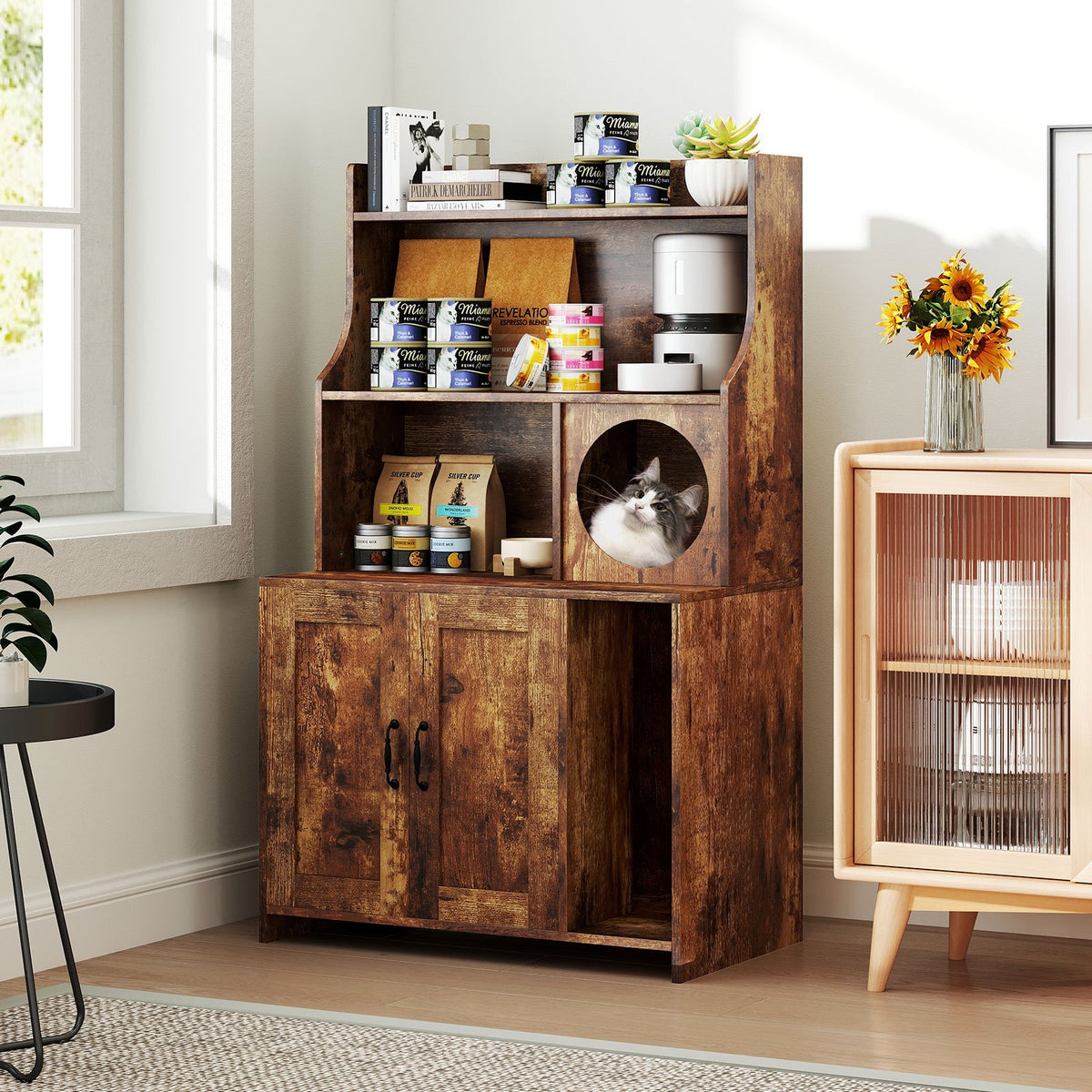 Modern Wooden Industrial Cat Litter Box Enclosure with Storage Shelves-Brown view 2