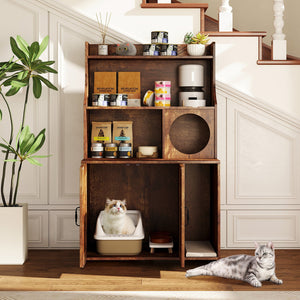 Modern Wooden Industrial Cat Litter Box Enclosure with Storage Shelves-Brown view 3