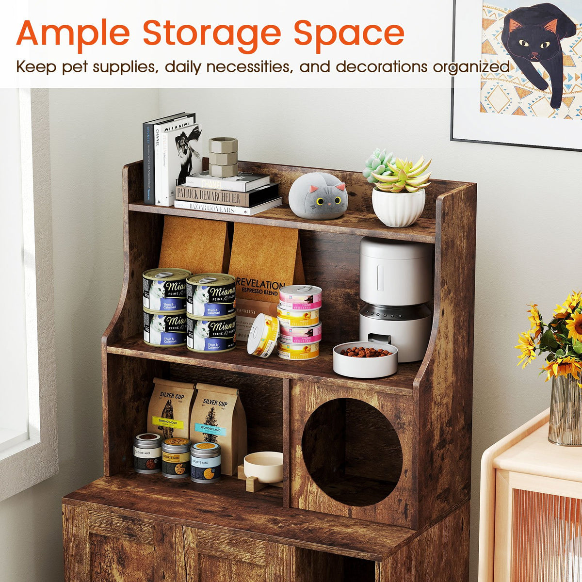 Modern Wooden Industrial Cat Litter Box Enclosure with Storage Shelves-Brown view 6