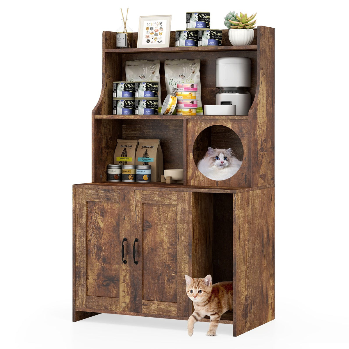 Modern Wooden Industrial Cat Litter Box Enclosure with Storage Shelves-Brown view 8