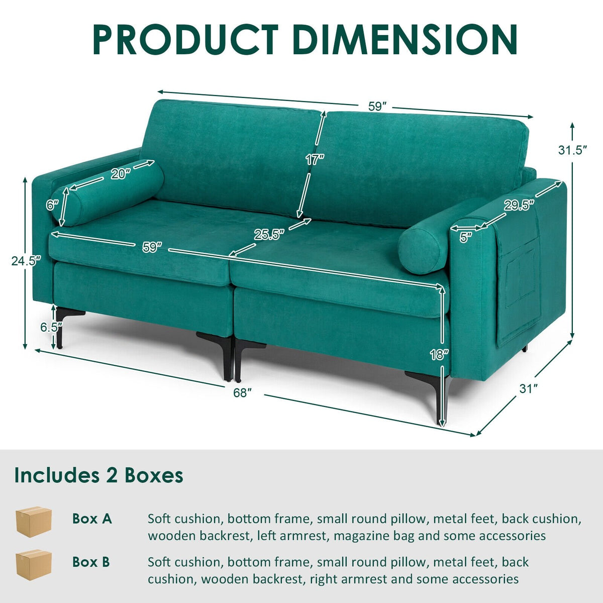 Modular 1/2/3/4-Seat L-Shaped Sectional Sofa Couch with Socket USB Port-2-Seat view 4