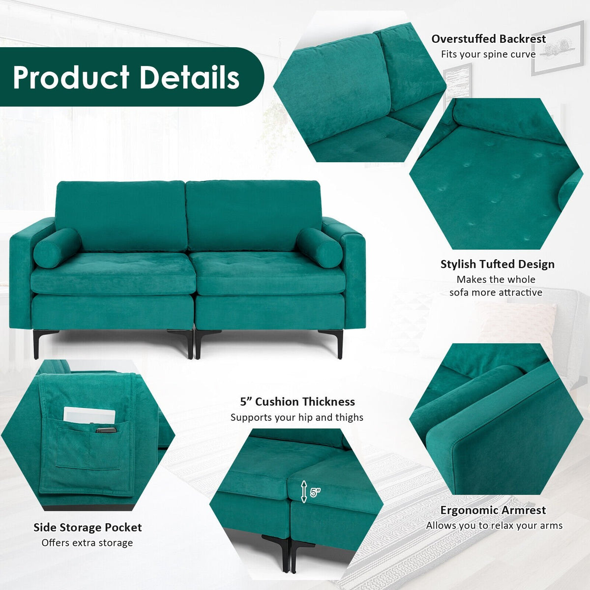 Modular 1/2/3/4-Seat L-Shaped Sectional Sofa Couch with Socket USB Port-2-Seat view 5