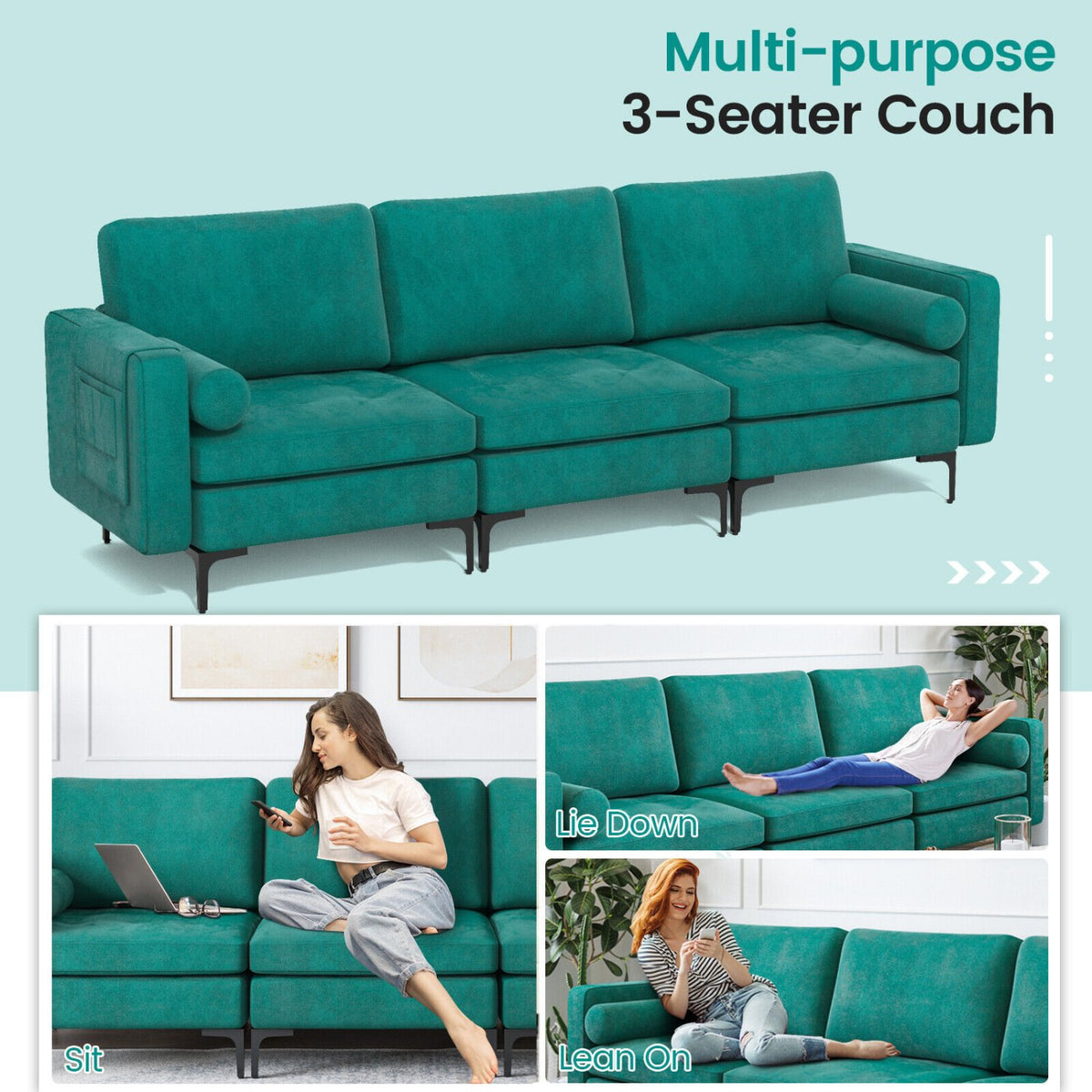 3-Seat Sofa Sectional with Side Storage Pocket and Metal Leg-3-Seat view 9