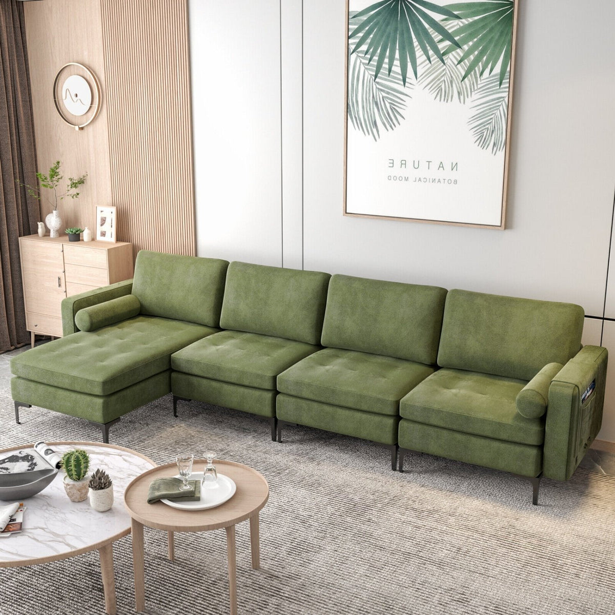 Modular 2-seat/3-Seat/4-Seat L-shaped Sectional Sofa Couch with Reversible Chaise and Socket USB Ports-4-Seat L-shaped-Army Green view 2