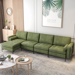 Modular 2-seat/3-Seat/4-Seat L-shaped Sectional Sofa Couch with Reversible Chaise and Socket USB Ports-4-Seat L-shaped-Army Green view 2
