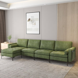 Modular 2-seat/3-Seat/4-Seat L-shaped Sectional Sofa Couch with Reversible Chaise and Socket USB Ports-4-Seat L-shaped-Army Green view 3