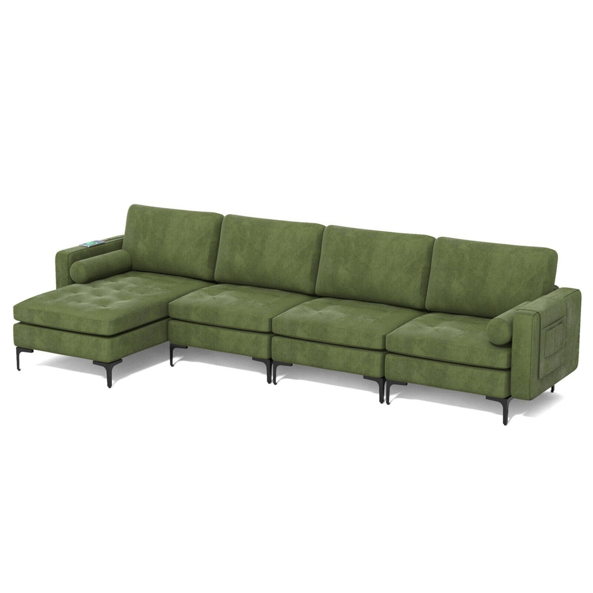 Modular 2-seat/3-Seat/4-Seat L-shaped Sectional Sofa Couch with Reversible Chaise and Socket USB Ports-4-Seat L-shaped-Army Green view 4