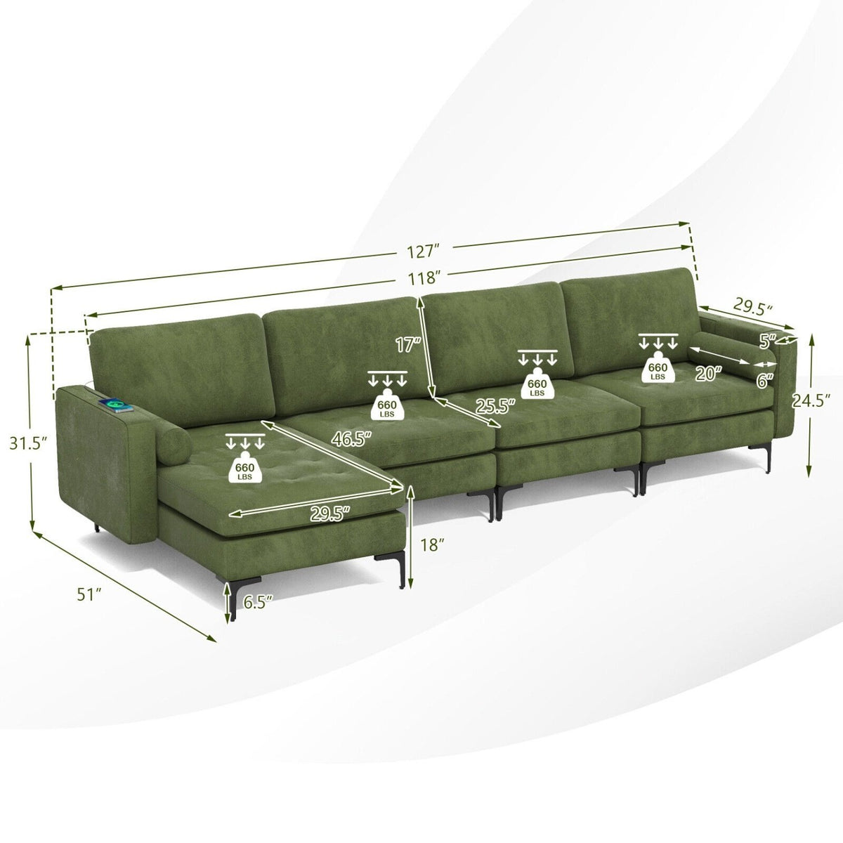 Modular 2-seat/3-Seat/4-Seat L-shaped Sectional Sofa Couch with Reversible Chaise and Socket USB Ports-4-Seat L-shaped-Army Green view 5