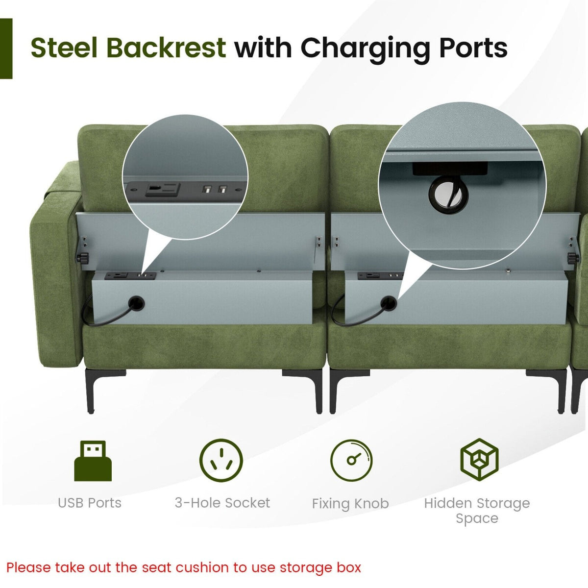 Modular 2-seat/3-Seat/4-Seat L-shaped Sectional Sofa Couch with Reversible Chaise and Socket USB Ports-4-Seat L-shaped-Army Green view 8