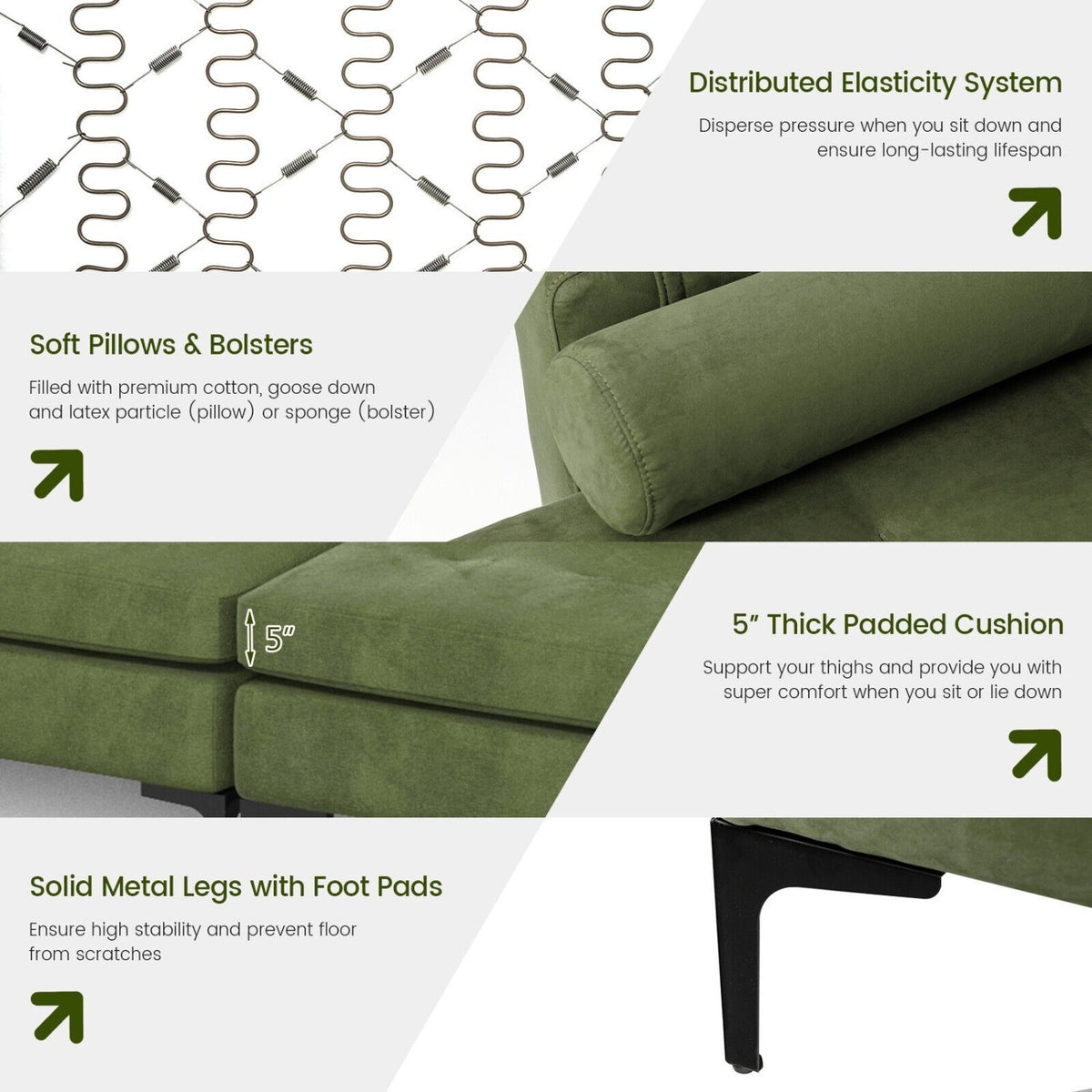 Modular 2-seat/3-Seat/4-Seat L-shaped Sectional Sofa Couch with Reversible Chaise and Socket USB Ports-4-Seat L-shaped-Army Green view 9