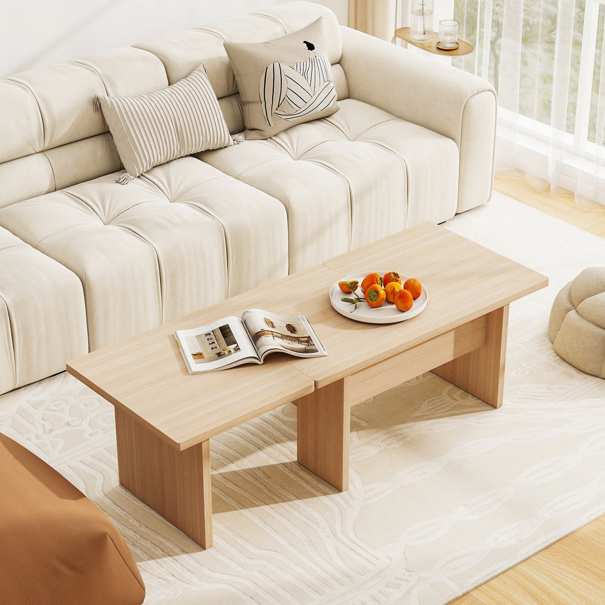 Modular Coffee Table Set of 2 L Shaped Center Tables for Small Space-Oak view 2