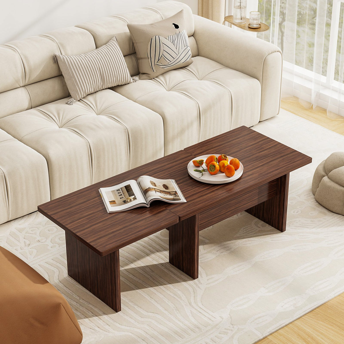 Modular Coffee Table Set of 2 L Shaped Center Tables for Small Space-Walnut view 2
