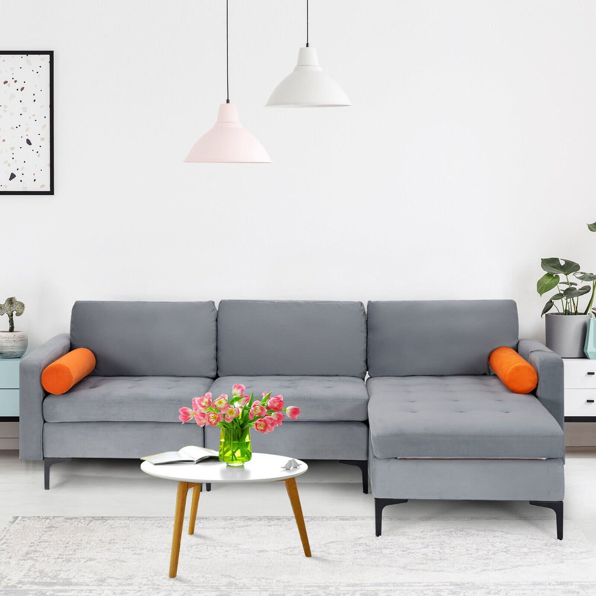 Modular L-shaped 3-Seat Sectional Sofa with Reversible Chaise and 2 USB Ports-Gray view 2