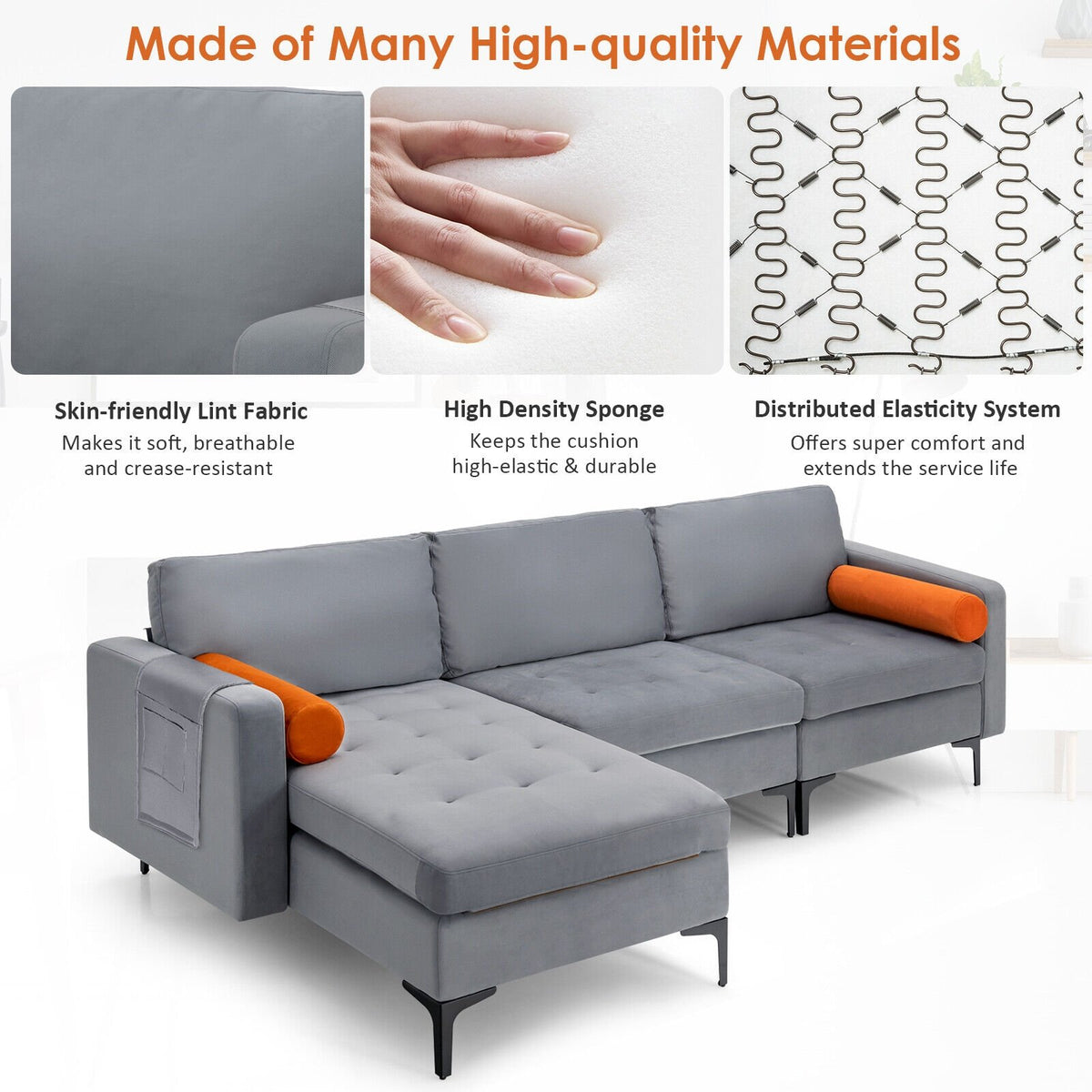 Modular L-shaped 3-Seat Sectional Sofa with Reversible Chaise and 2 USB Ports-Gray view 3