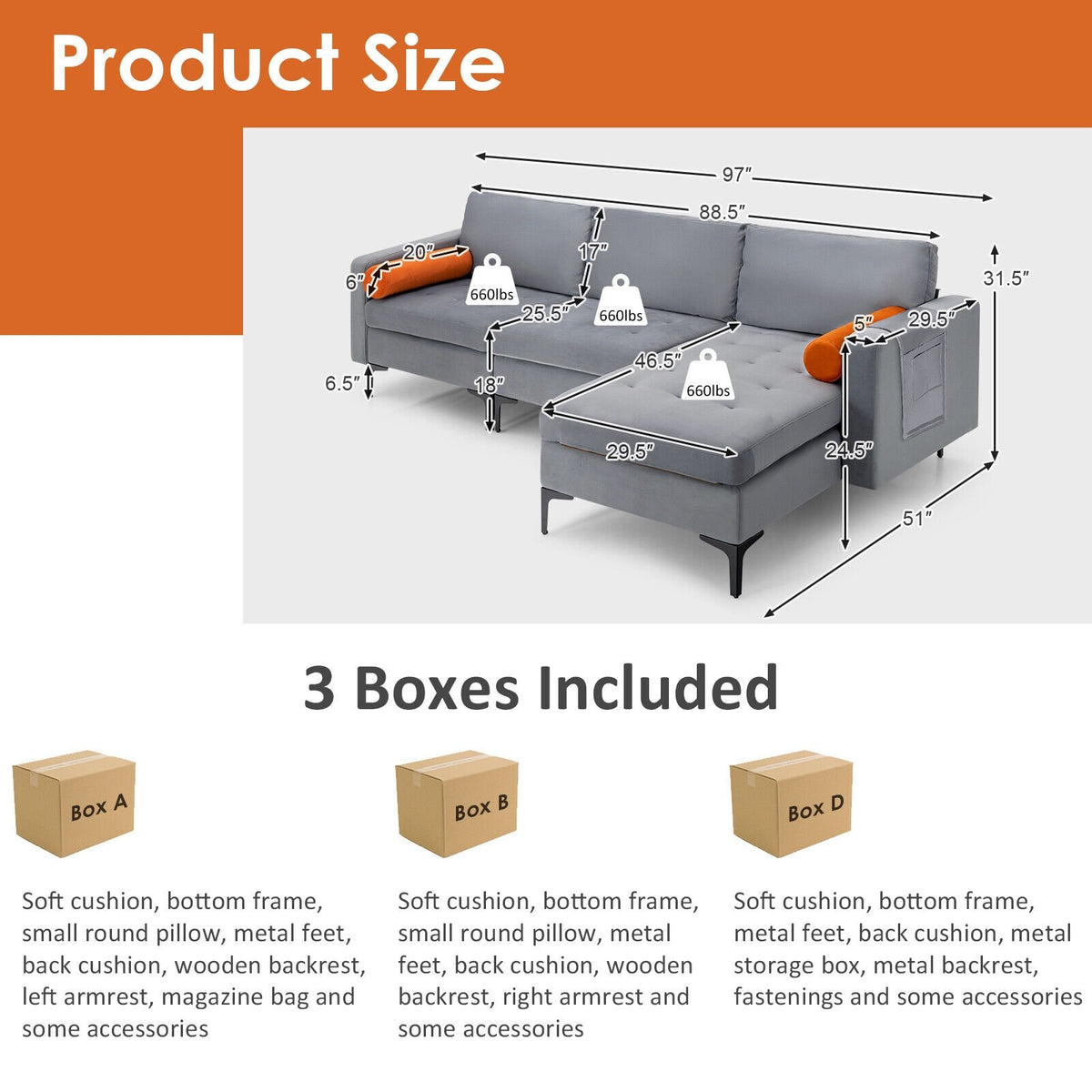 Modular L-shaped 3-Seat Sectional Sofa with Reversible Chaise and 2 USB Ports-Gray view 4