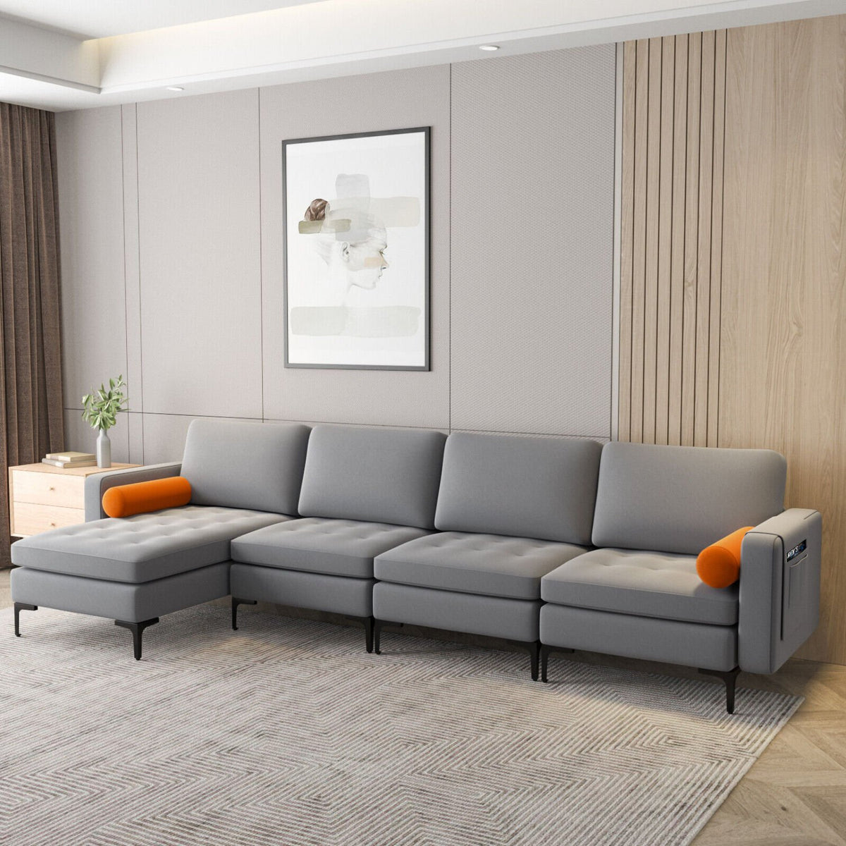 Modular L-shaped 4-Seat Sectional Sofa with Reversible Chaise and 2 USB Ports-Gray view 3