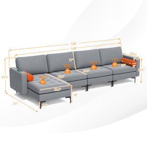 Modular L-shaped 4-Seat Sectional Sofa with Reversible Chaise and 2 USB Ports-Gray view 5