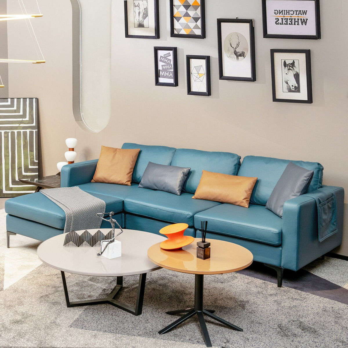 Modular L-shaped Sectional Sofa with Reversible Chaise and 2 USB Ports-Blue view 2