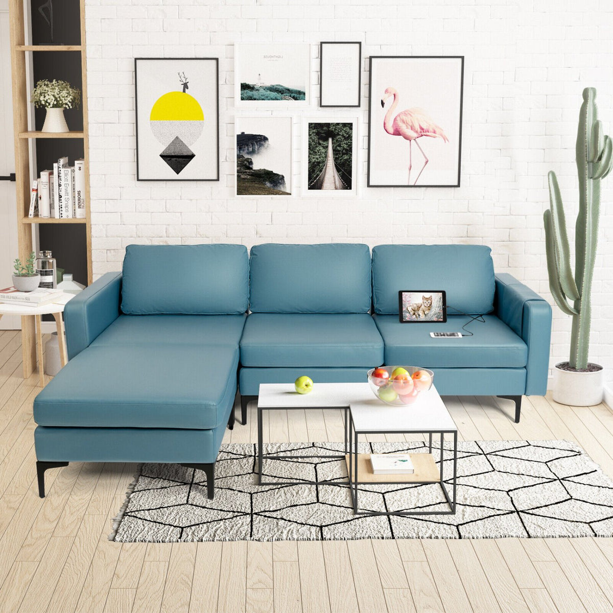 Modular L-shaped Sectional Sofa with Reversible Chaise and 2 USB Ports-Blue view 3
