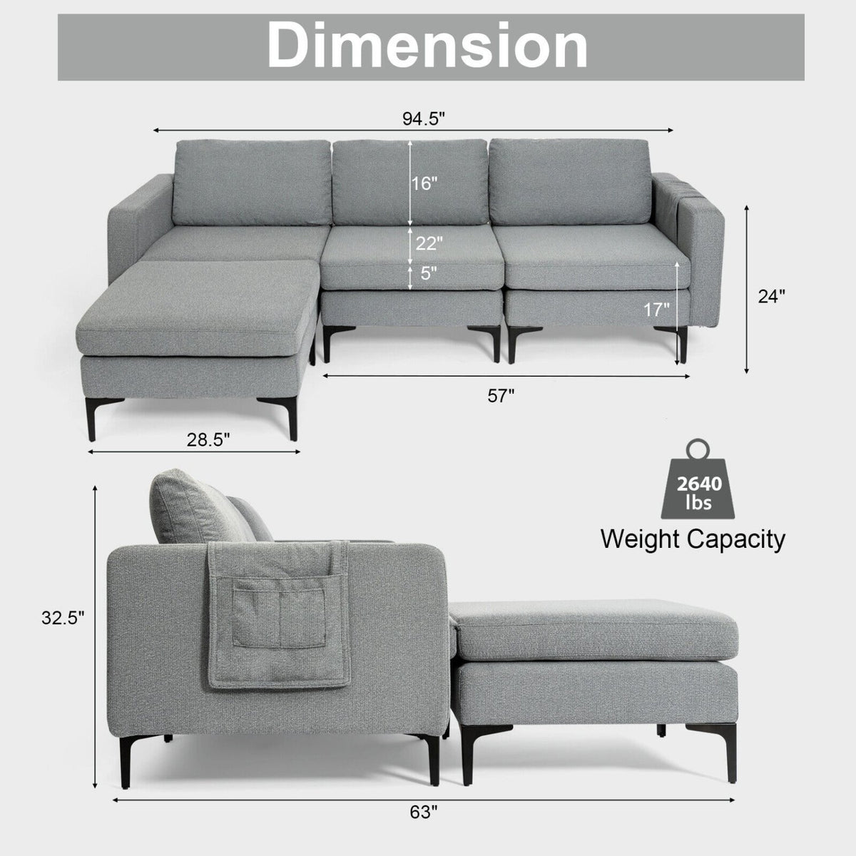 Modular L-shaped Sectional Sofa with Reversible Chaise and 2 USB Ports-Dark Gray view 5