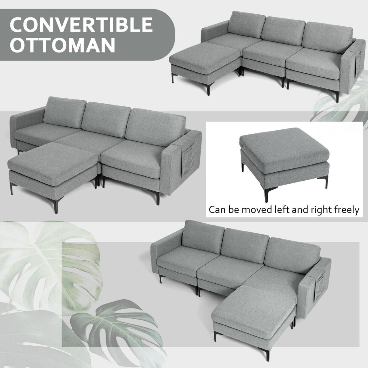 Modular L-shaped Sectional Sofa with Reversible Chaise and 2 USB Ports-Dark Gray view 9