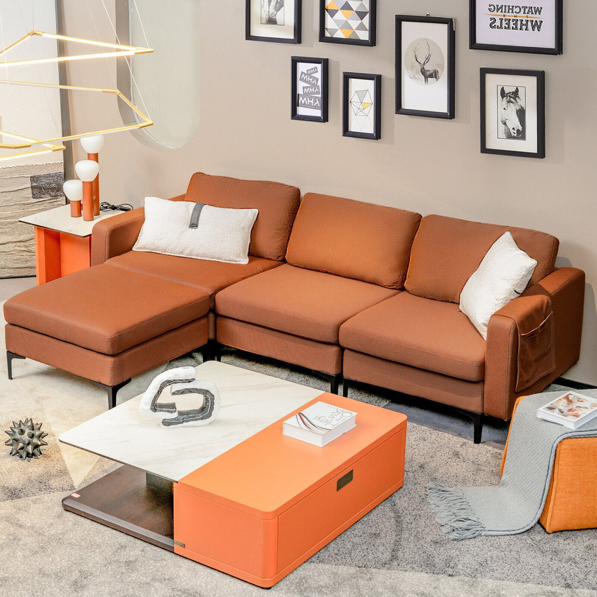 Modular L-shaped Sectional Sofa with Reversible Chaise and 2 USB Ports-Orange view 2