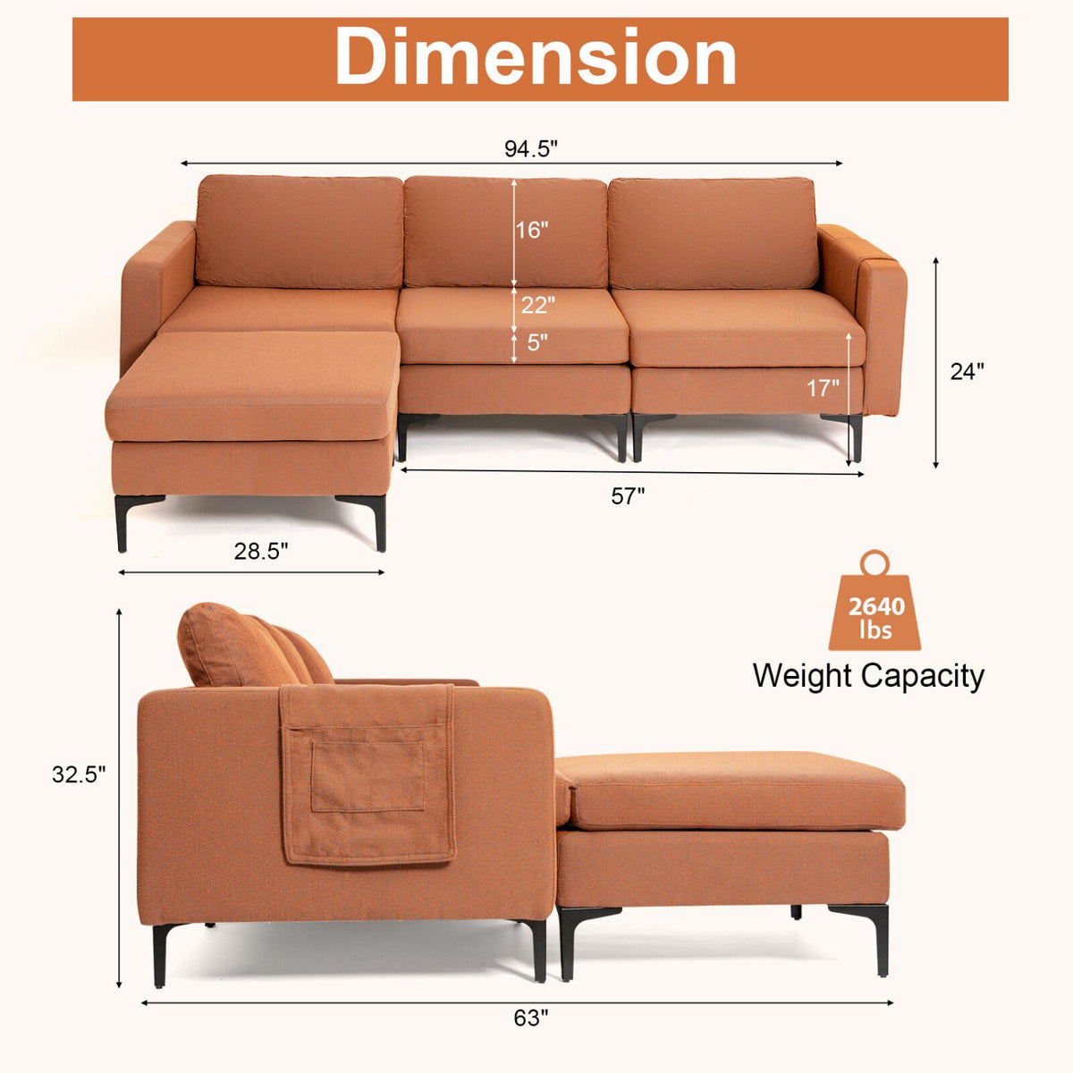 Modular L-shaped Sectional Sofa with Reversible Chaise and 2 USB Ports-Orange view 5