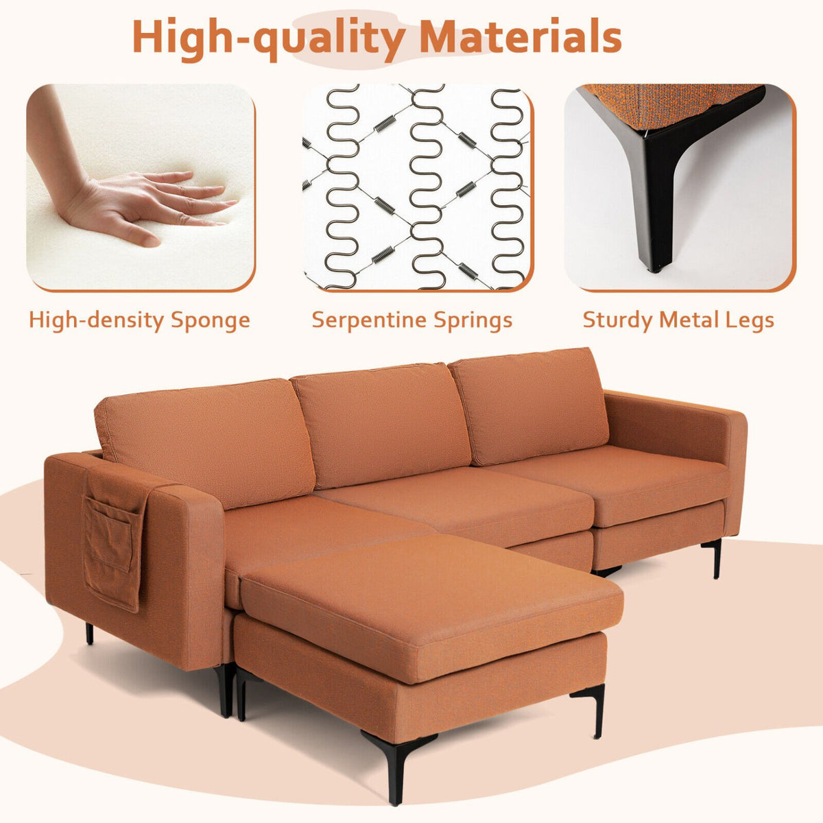 Modular L-shaped Sectional Sofa with Reversible Chaise and 2 USB Ports-Orange view 6