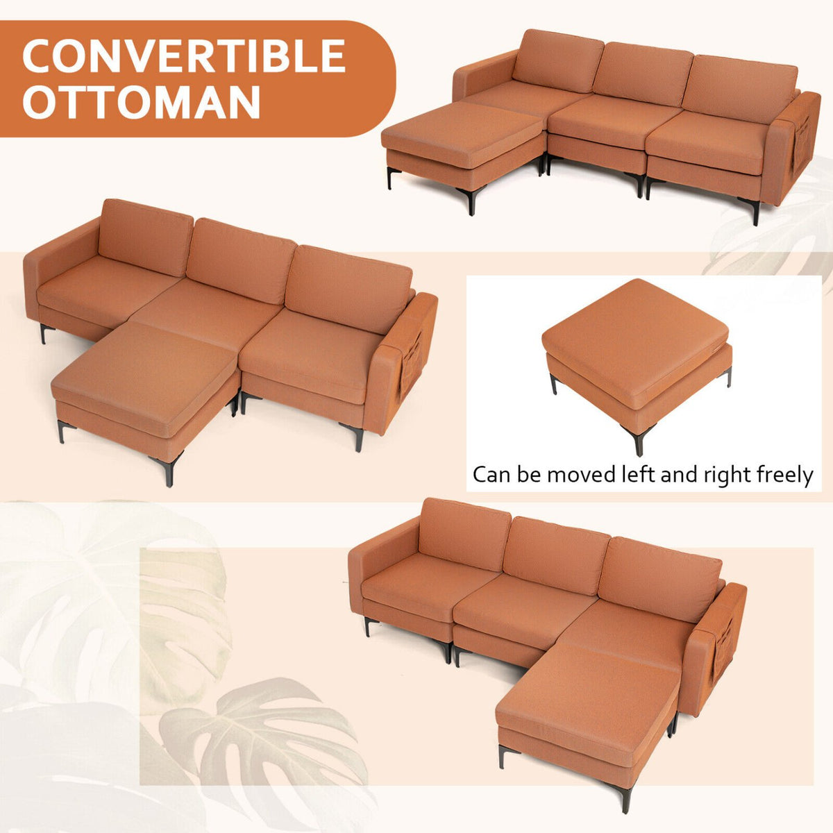 Modular L-shaped Sectional Sofa with Reversible Chaise and 2 USB Ports-Orange view 7