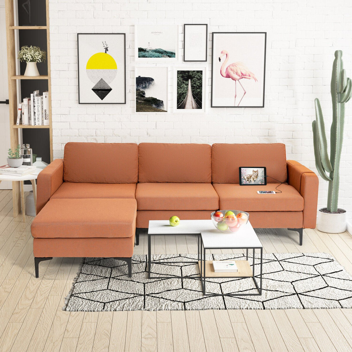 Modular L-shaped Sectional Sofa with Reversible Chaise and 2 USB Ports-Orange view 8