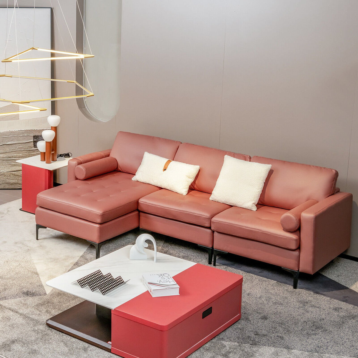 Modular L-shaped Sectional Sofa with Reversible Chaise and 2 USB Ports-Pink view 2