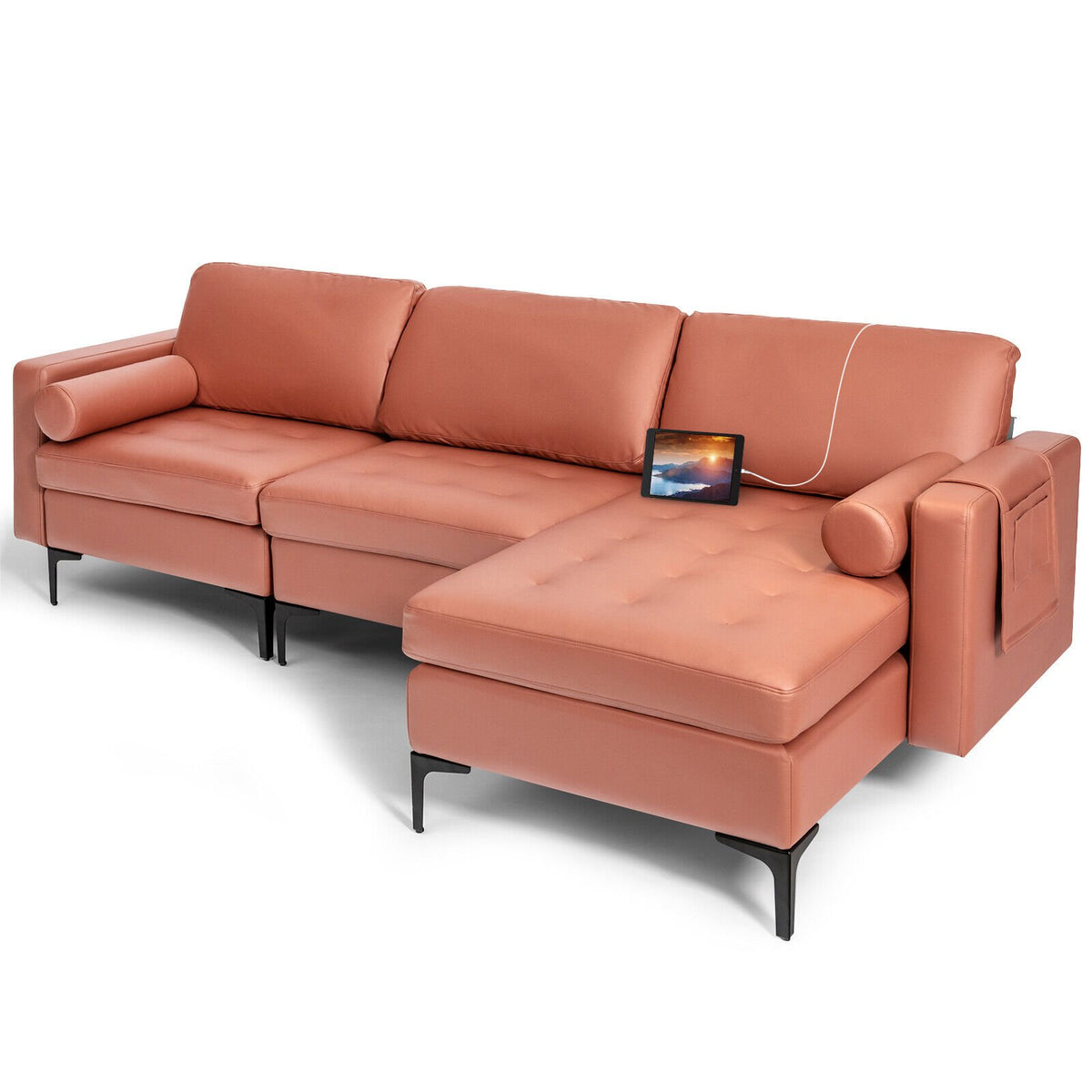 Modular L-shaped Sectional Sofa with Reversible Chaise and 2 USB Ports-Pink view 4