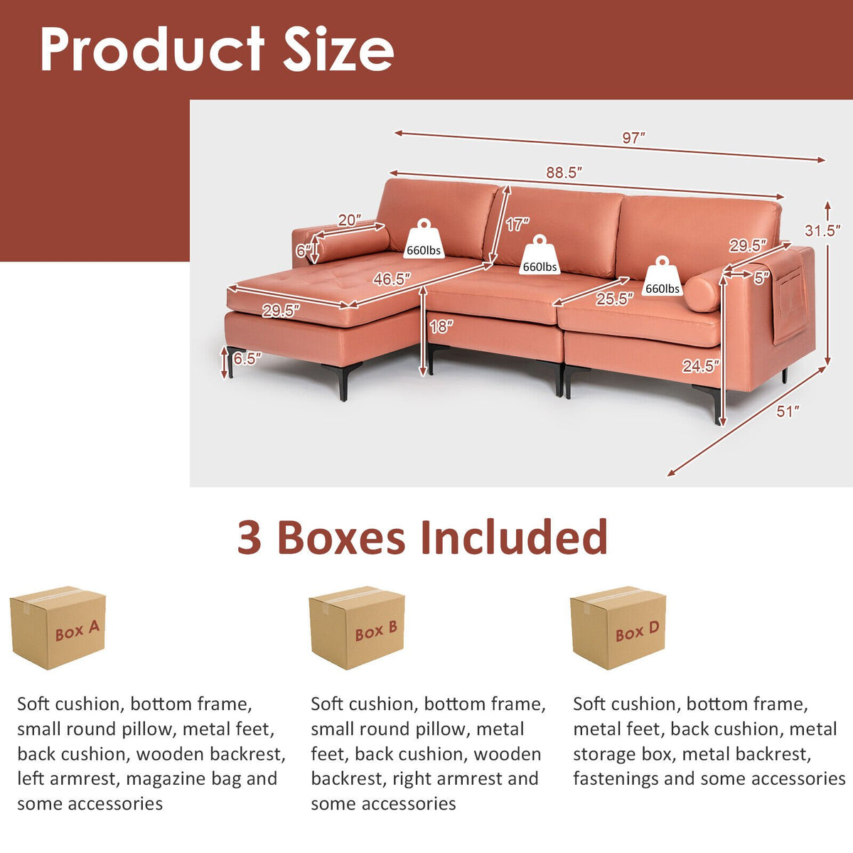 Modular L-shaped Sectional Sofa with Reversible Chaise and 2 USB Ports-Pink view 5