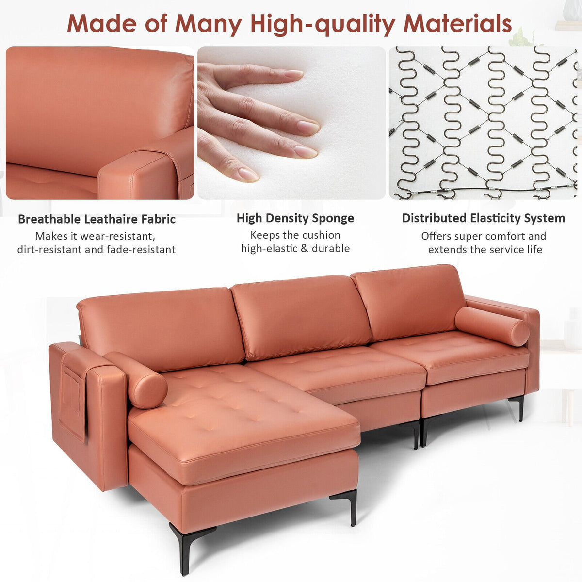 Modular L-shaped Sectional Sofa with Reversible Chaise and 2 USB Ports-Pink view 7