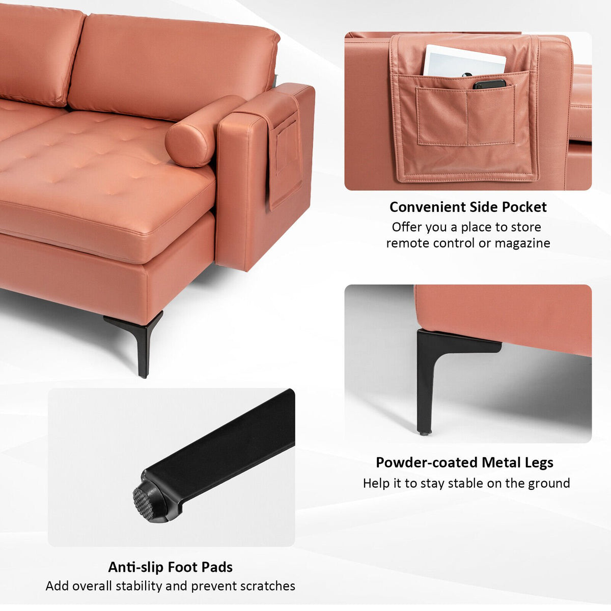 Modular L-shaped Sectional Sofa with Reversible Chaise and 2 USB Ports-Pink view 9