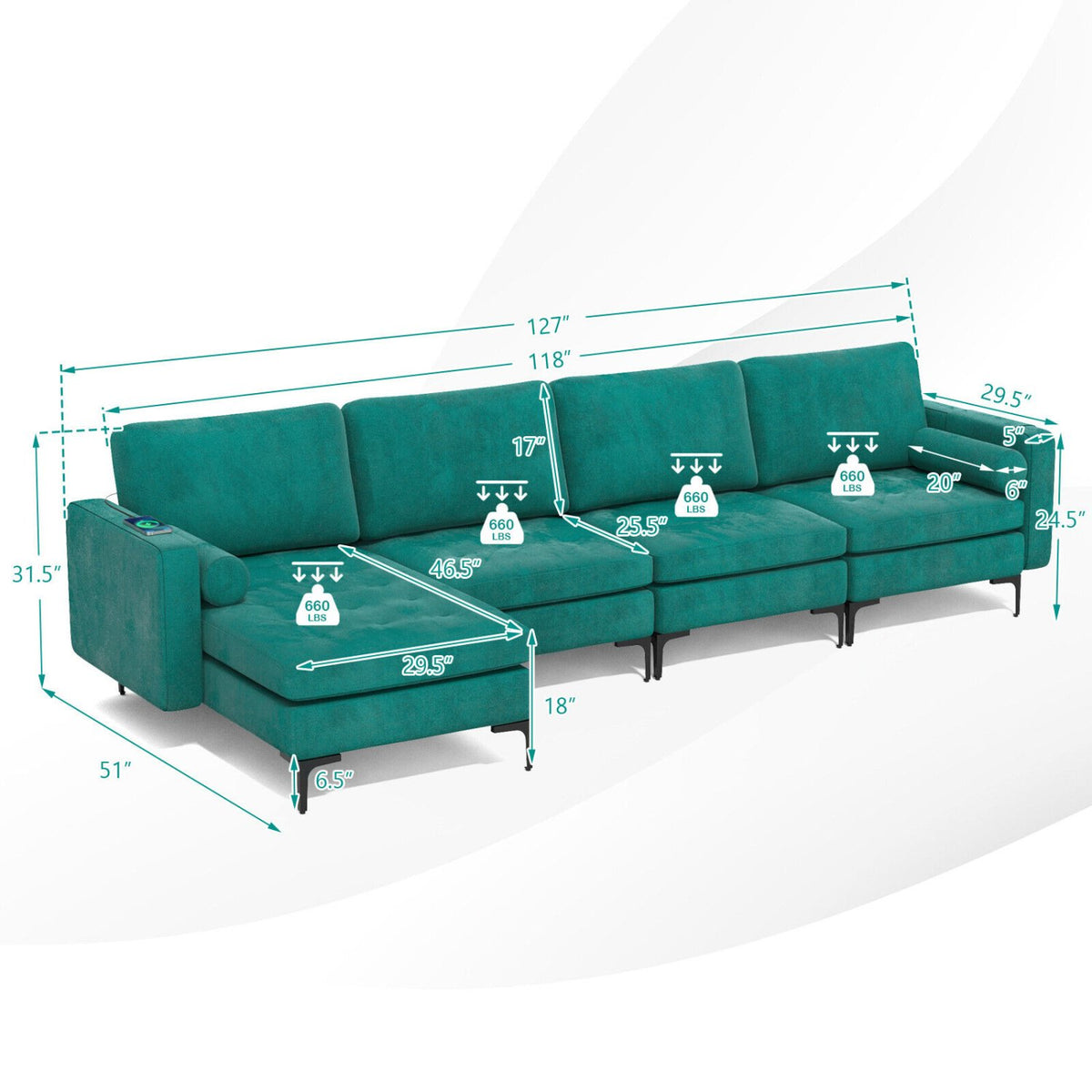 Modular L-shaped Sectional Sofa with Reversible Chaise and 2 USB Ports-Teal view 5