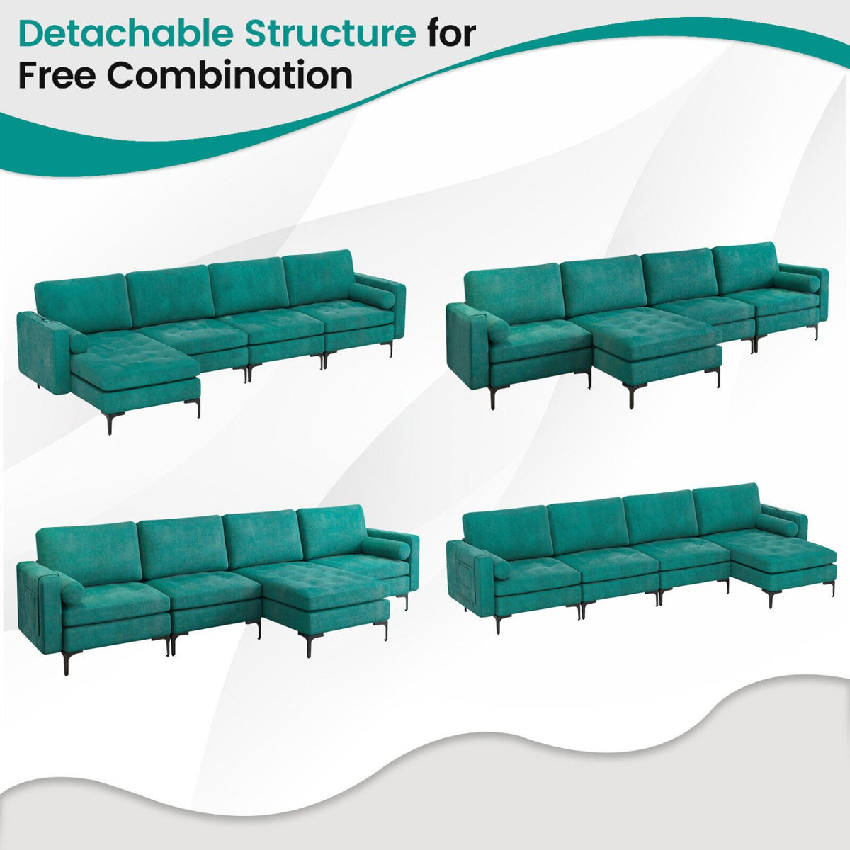 Modular L-shaped Sectional Sofa with Reversible Chaise and 2 USB Ports-Teal view 8