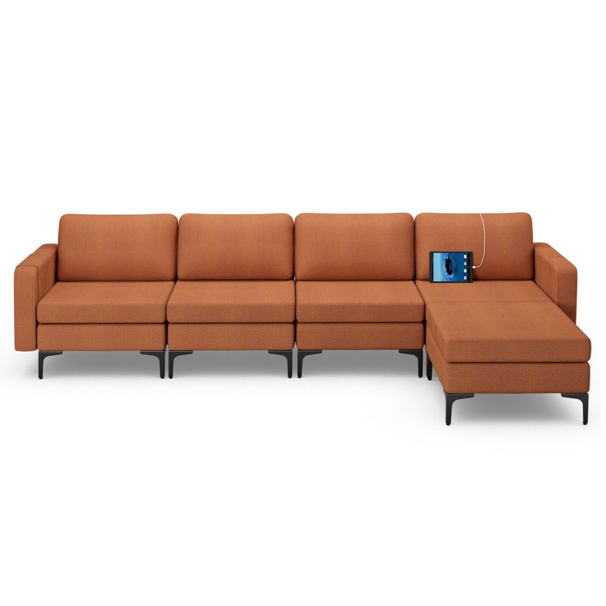 Modular L-shaped Sectional Sofa with Reversible Ottoman and 2 USB Ports-Orange view 3