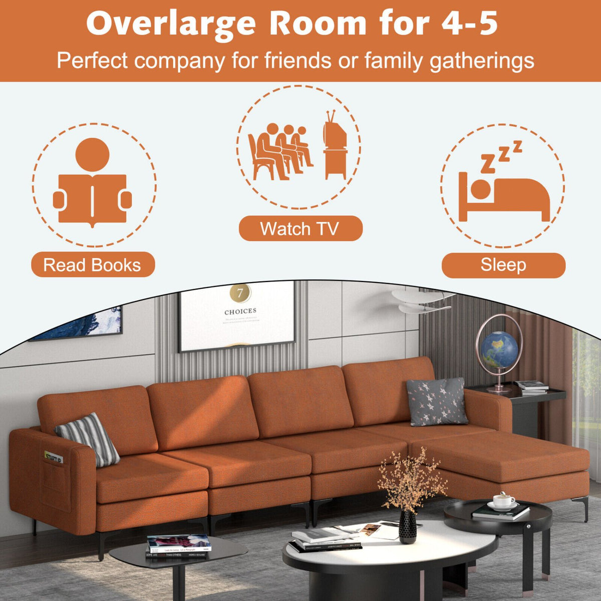 Modular L-shaped Sectional Sofa with Reversible Ottoman and 2 USB Ports-Orange view 5
