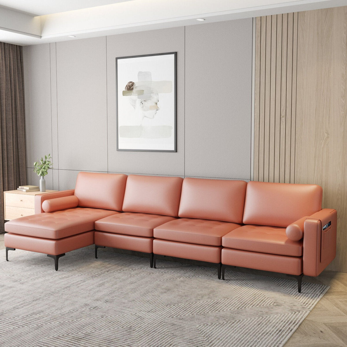 Modular Modern L-shaped Sectional Sofa with Reversible Chaise and 2 USB Ports-Pink view 3