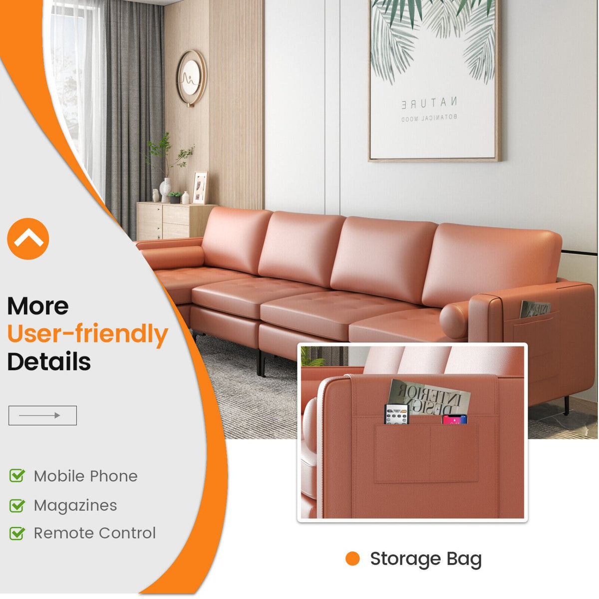 Modular Modern L-shaped Sectional Sofa with Reversible Chaise and 2 USB Ports-Pink view 6