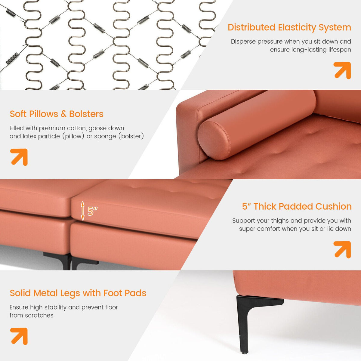 Modular Modern L-shaped Sectional Sofa with Reversible Chaise and 2 USB Ports-Pink view 7